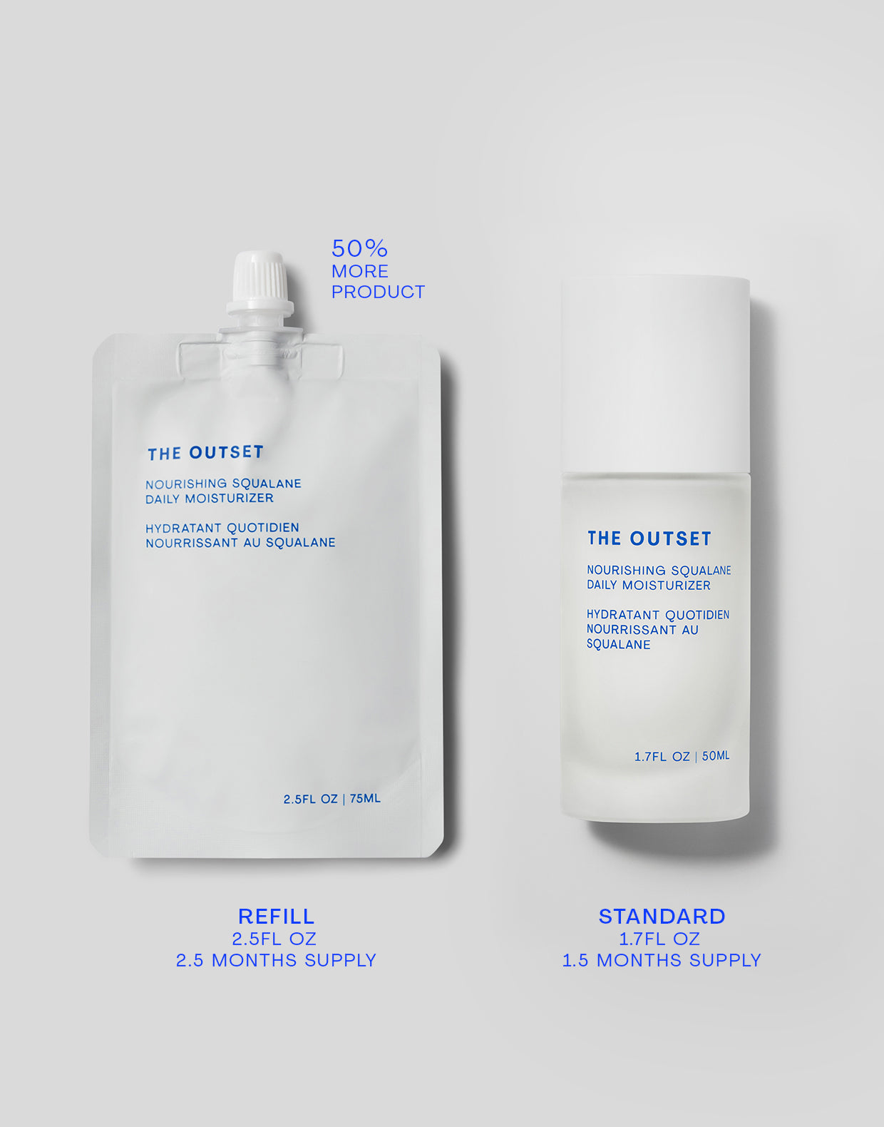 Photo of The Outset's moisturizer refill pouch next to the standard moisturizer. The refill pouch is 2.5 fl oz with a 2.5 months supply; the standard is 1.7fl oz with a 1.5 months supply.